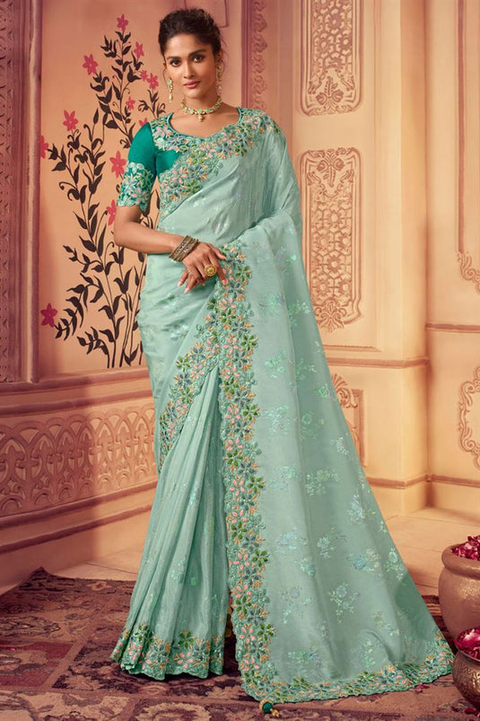 Sushrii Mishraa Brilliant Georgette Fabric Party Style Saree In Light Cyan Color
