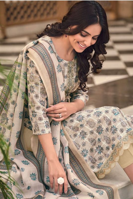 Ginni Kapoor Cream Color Linen Fabric Charming Casual Salwar Suit With Printed Work