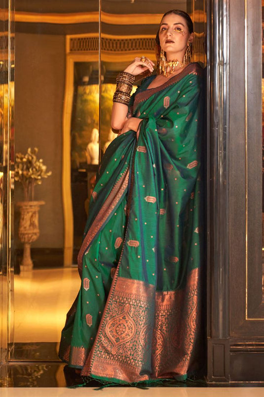 Radiant Dark Green Color Function Wear Banarasi Silk Saree