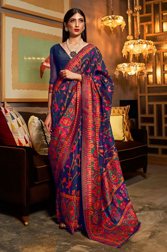Kanika Dev Silk Fabric Stunning Function Wear Saree In Navy Blue Color