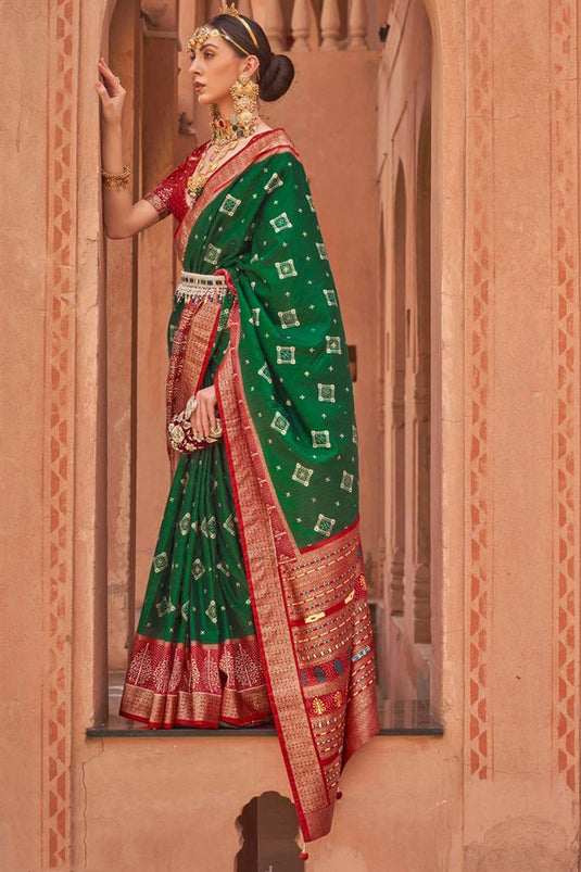 Elegant Art Silk Fabric Casual Patola Saree in Dark Green Color