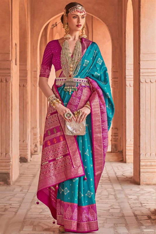 Cyan Color Pretty Art Silk Fabric Casual Patola Saree