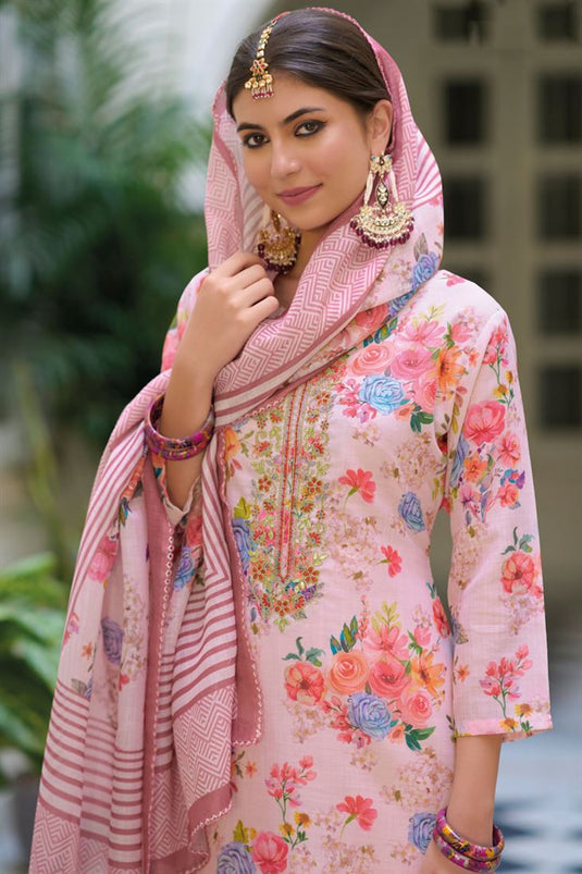 Beauteous Pink Color Printed Linen Fabric Readymade Salwar Suit