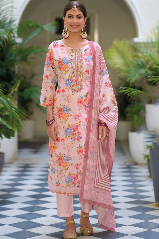 Beauteous Pink Color Printed Linen Fabric Readymade Salwar Suit