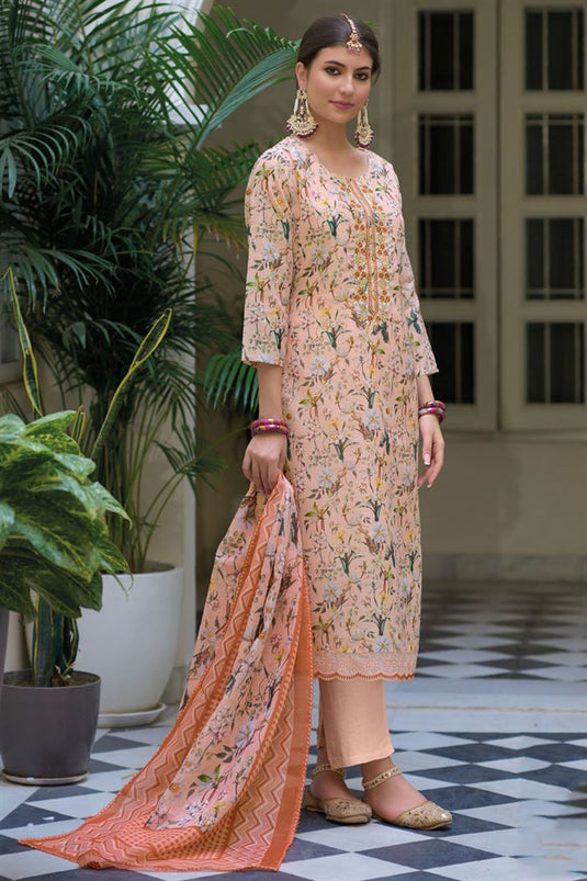Peach Color Printed Tempting Linen Fabric Readymade Salwar Suit