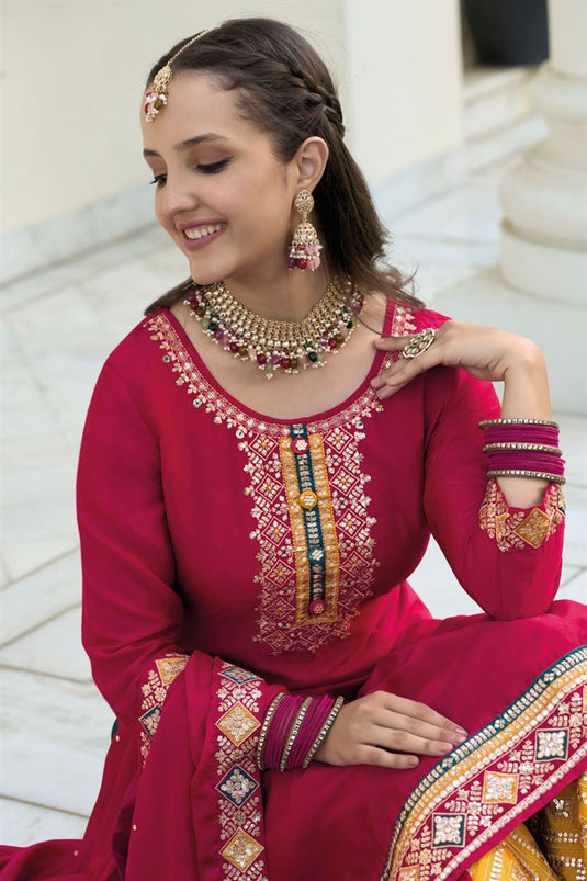 Chinon Fabric Red Color Embroidered Soothing Palazzo Suit