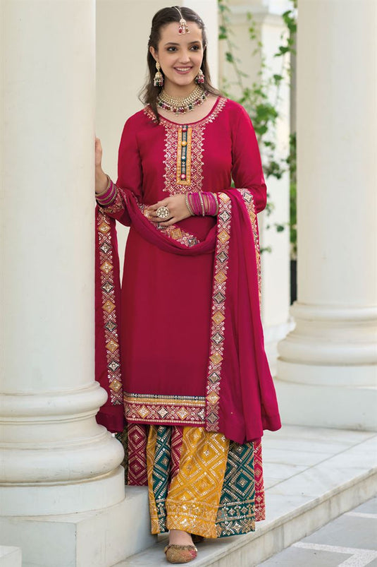 Chinon Fabric Red Color Embroidered Soothing Palazzo Suit