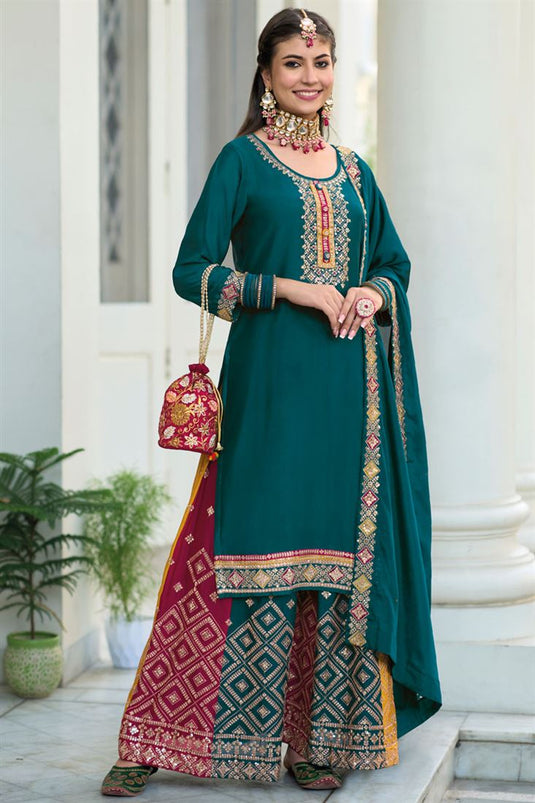 Teal Color Chinon Fabric Appealing Embroidered Palazzo Suit
