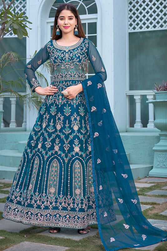 Blue Color Embroidered Trendy Anarkali Suit In Net Fabric