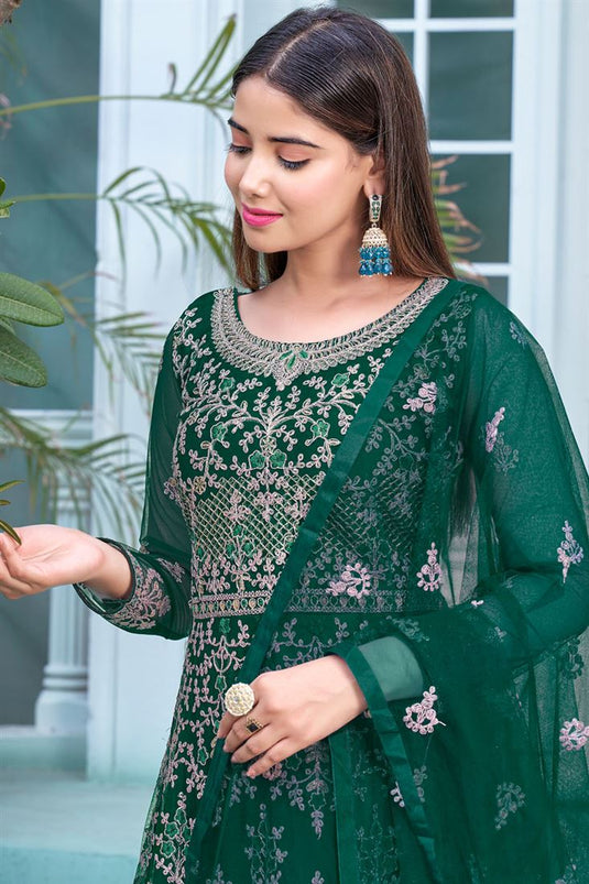 Green Color Net Fabric Embroidered Stunning Anarkali Suit
