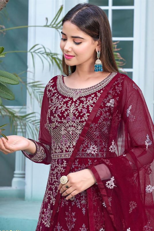 Maroon Color Net Fabric Embroidered Radiant Anarkali Suit