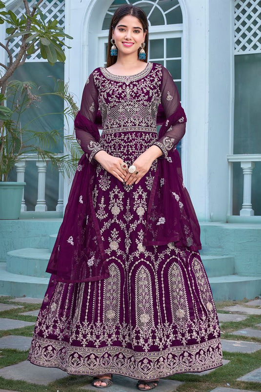 Purple Color Net Fabric Attractive Embroidered Anarkali Suit