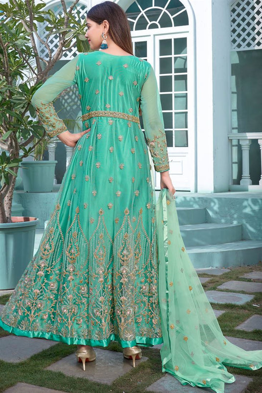 Dazzling Embroidered On Sea Green Color Net Anarkali Suit