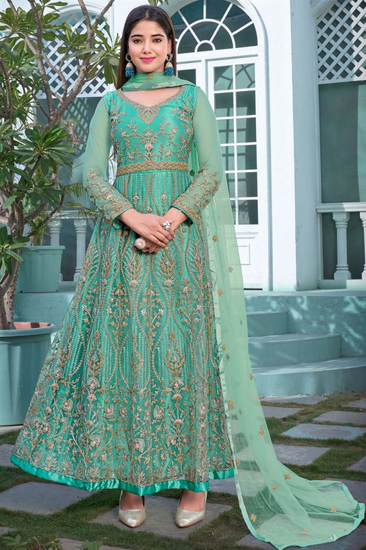 Dazzling Embroidered On Sea Green Color Net Anarkali Suit