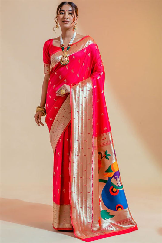 Intricate Weaving Work Art Silk Fabric Rani Color Saree
