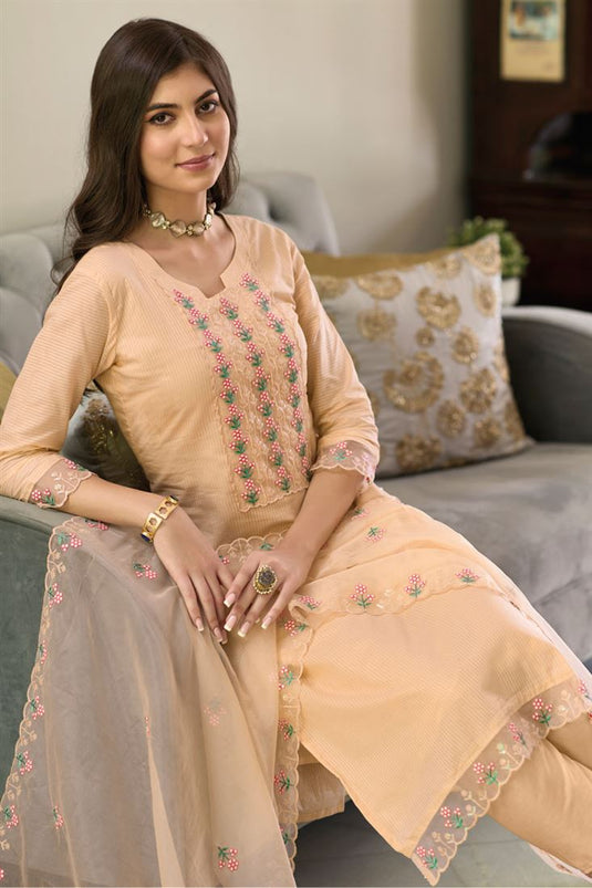 Readymade Cream Color Cotton Embroidered Salwar Suit In Casual Wear