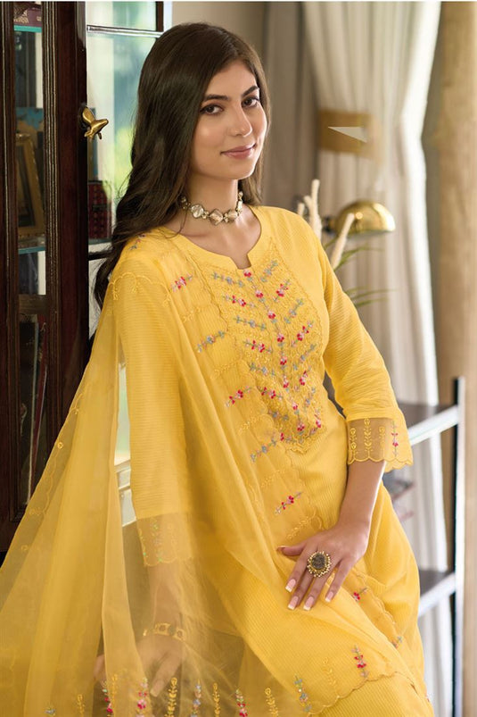Yellow Color Ready to Wear Cotton Embroidered Salwar Suit
