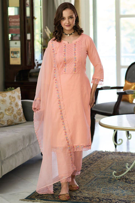 Peach Color Embroidered Cotton Readymade Salwar Suit For Casual Occasions
