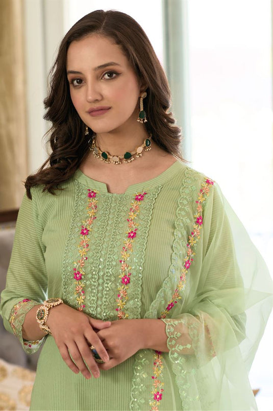 Sea Green Color Casual Cotton Beautiful Embroidered Readymade Salwar Suit