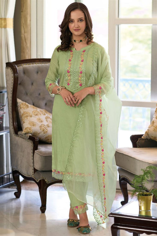 Sea Green Color Casual Cotton Beautiful Embroidered Readymade Salwar Suit
