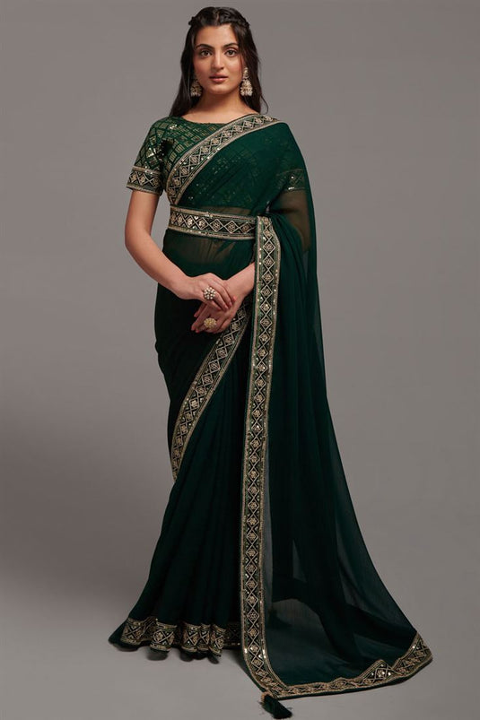Function Wear Chinon Dark Green Color Saree with Stunning Border Work