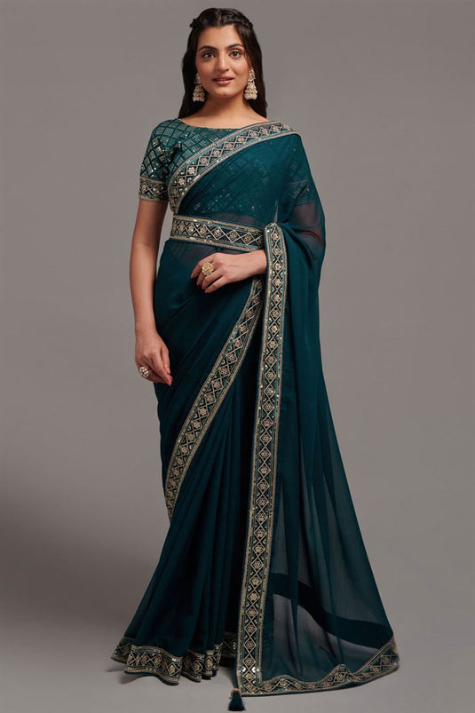 Gorgeous Teal Color Chinon Fabric Saree with Intricate Broder Work
