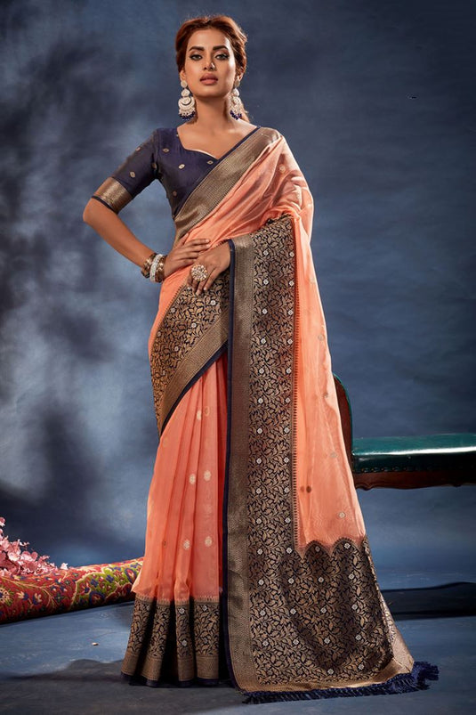Orange Color Banarasi Organza Silk Saree with Weaving Work