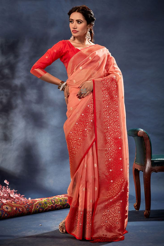 Traditional Weaving Work Peach Color Banarasi Organza Silk Saree