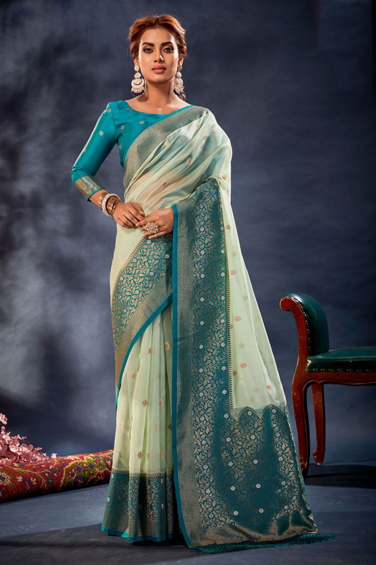 Cyan Blue Banarasi Silk Saree With Zari Weaving Work – Bahuji - Online  Fashion & Lifestyle Store