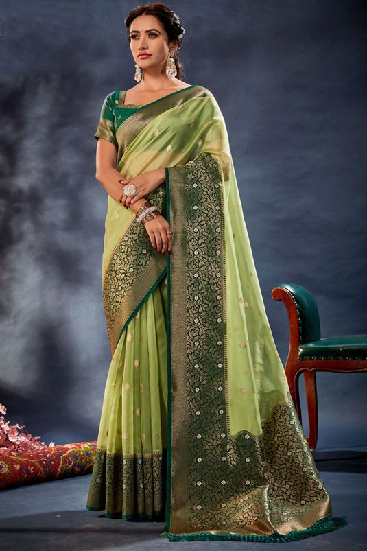 Timeless Green Color Banarasi Organza Silk Weaving Saree
