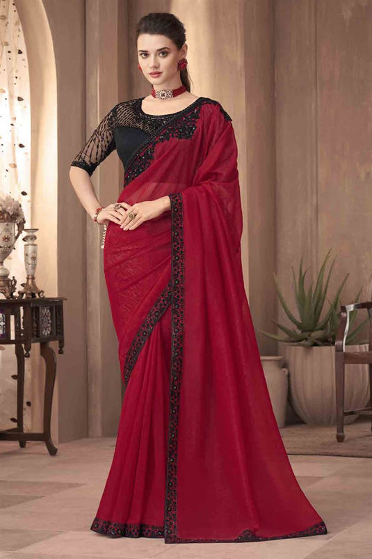 Sangeet Wear Red Color Classic Silk Fabric Lace Border Work Saree