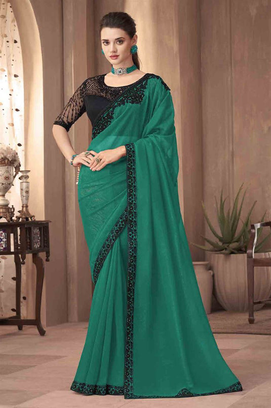 Green Color Reception Wear Classic Lace Border Work Silk Fabric Saree