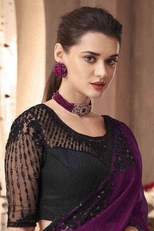 Silk Fabric Classic Sangeet Wear Purple Color Lace Border Work Saree