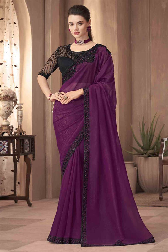 Silk Fabric Classic Sangeet Wear Purple Color Lace Border Work Saree