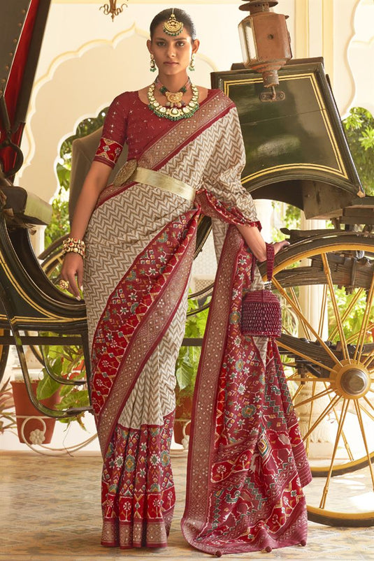 Maroon Color Patola Silk Fabric Printed Function Wear Fancy Saree