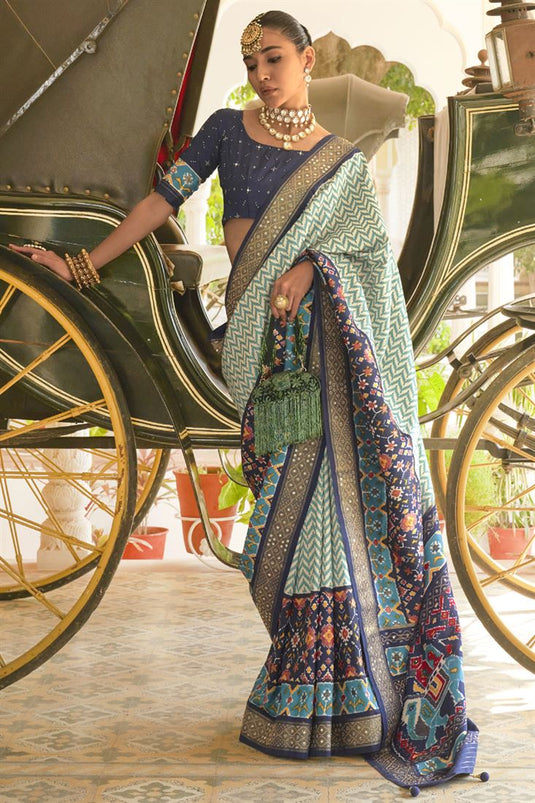 Patola Silk Fabric Navy Blue Color Printed Festive Wear Trendy Saree