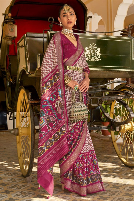 Magenta Color Printed Patola Silk Fabric Sangeet Wear Saree