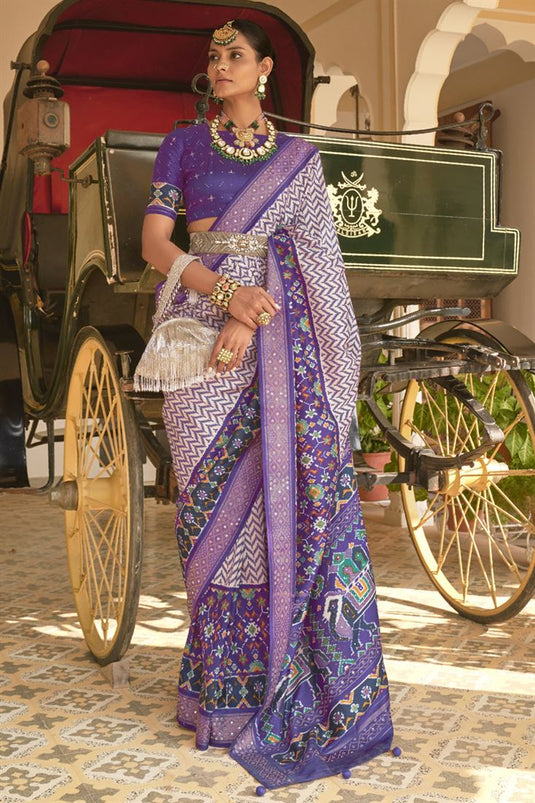 Printed Patola Silk Fabric Sangeet Wear Purple Color Designer Saree