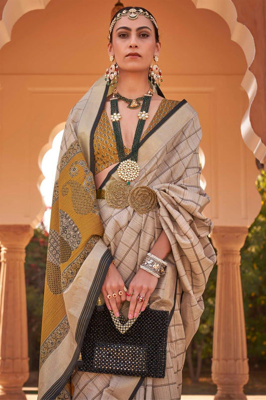 Function Wear Beige Color Printed Patola Silk Fabric Saree