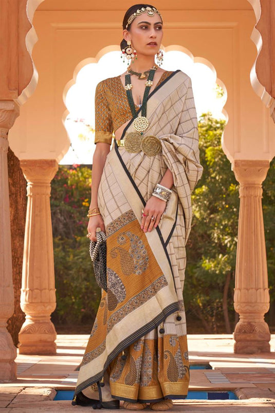 Function Wear Beige Color Printed Patola Silk Fabric Saree