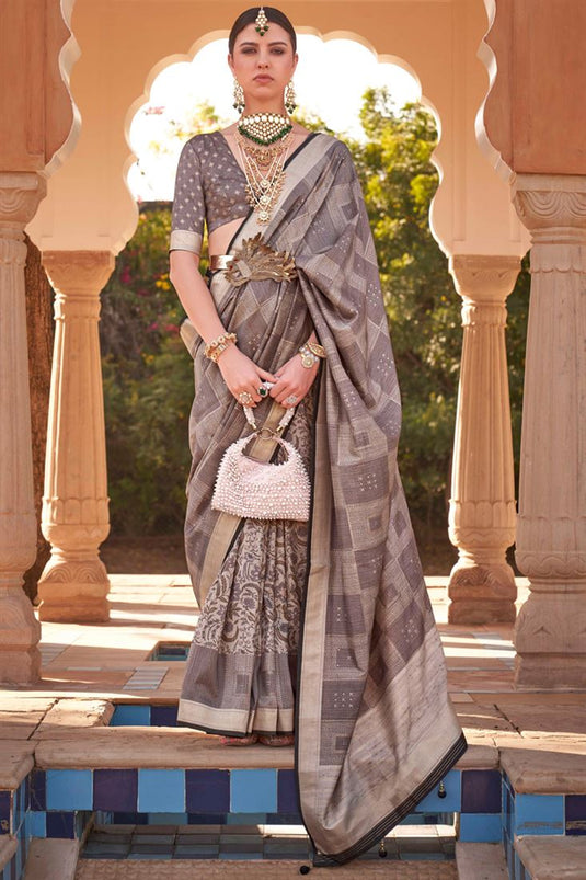Grey Color Reception Wear Printed Patola Silk Fabric Saree