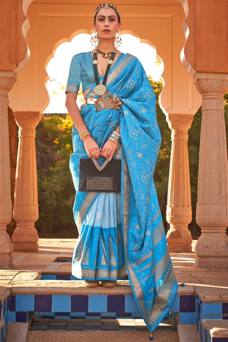 Embroidered Sky Blue Cotton Silk Saree with Tassels | ANAMIKA-524 |  Cilory.com