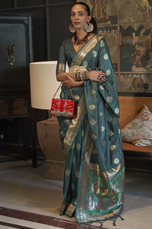 Glamorous Teal Color Weaving Designs Satin Silk Saree