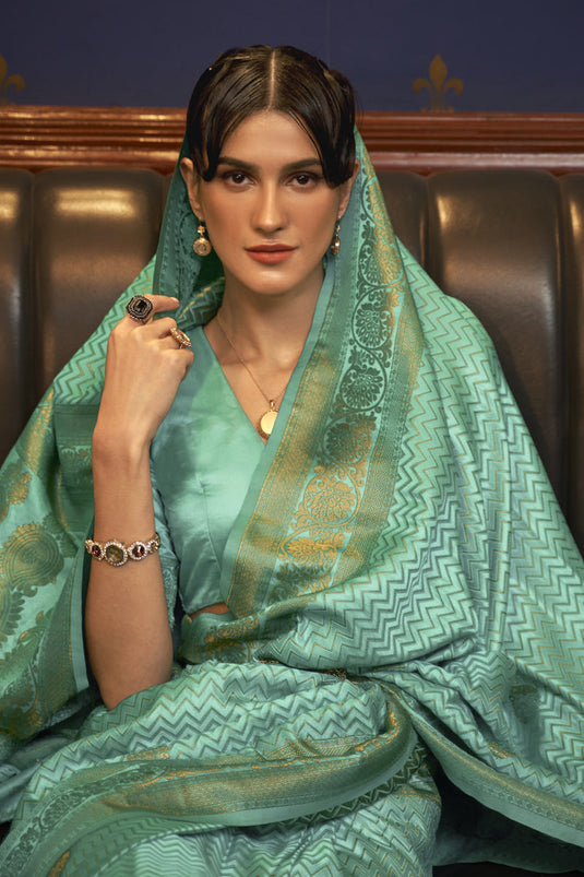 Satin Silk Fabric Classic Sangeet Wear Sea Green Color Weaving Work Saree