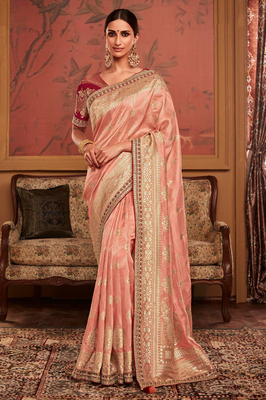 Pink Color Weaving Work Dola Silk Fabric Sangeet Wear Saree