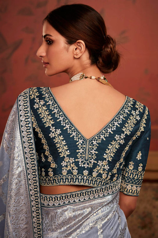 Weaving Work Dola Silk Fabric Sangeet Wear Grey Color Designer Saree
