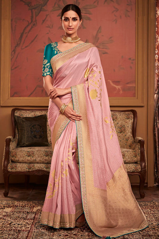Dola Silk Fabric Wedding Wear Pink Color Fancy Weaving Work Saree