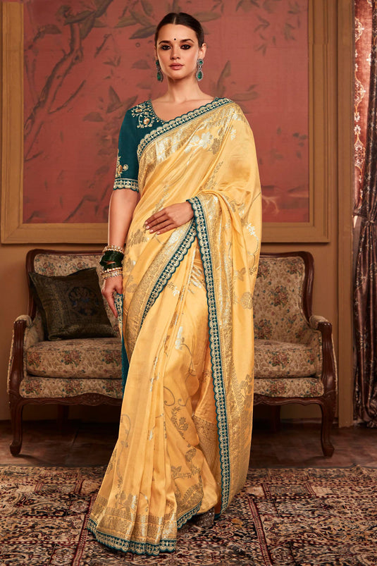 Dola Silk Fabric Weaving Work Cream Color Wedding Wear Designer Saree