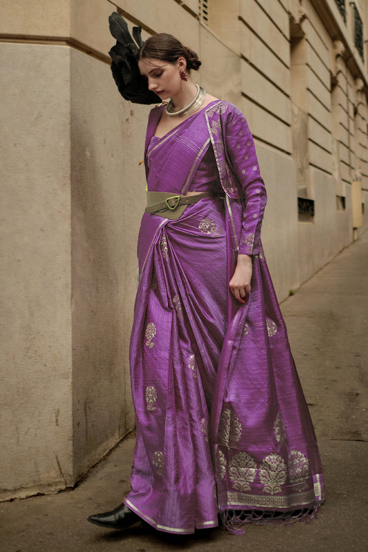Purple Color Art Silk Fabric Weaving Work Function Wear Fancy Saree