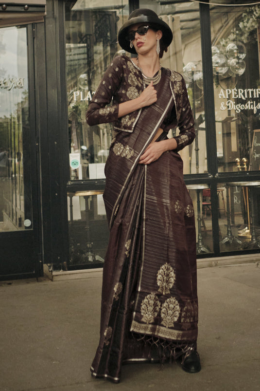 Brown Color Weaving Work Art Silk Fabric Festival Wear Saree
